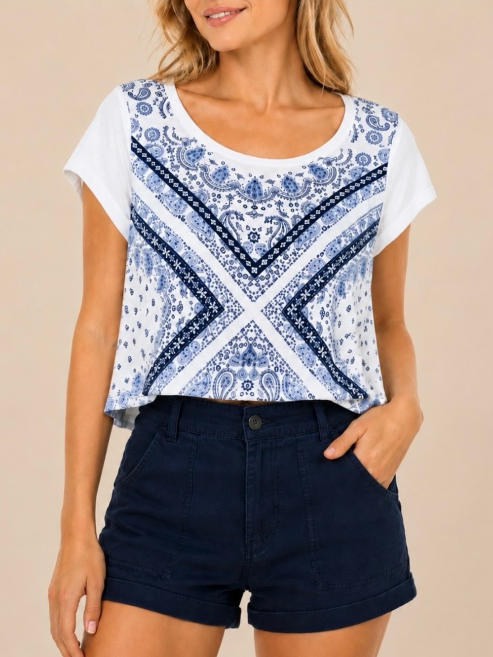 Express embroidered bandanna cropped tee blue white summer top Small EUC OBO